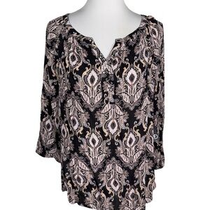 New Directions Black and Cream Patterned Blouse